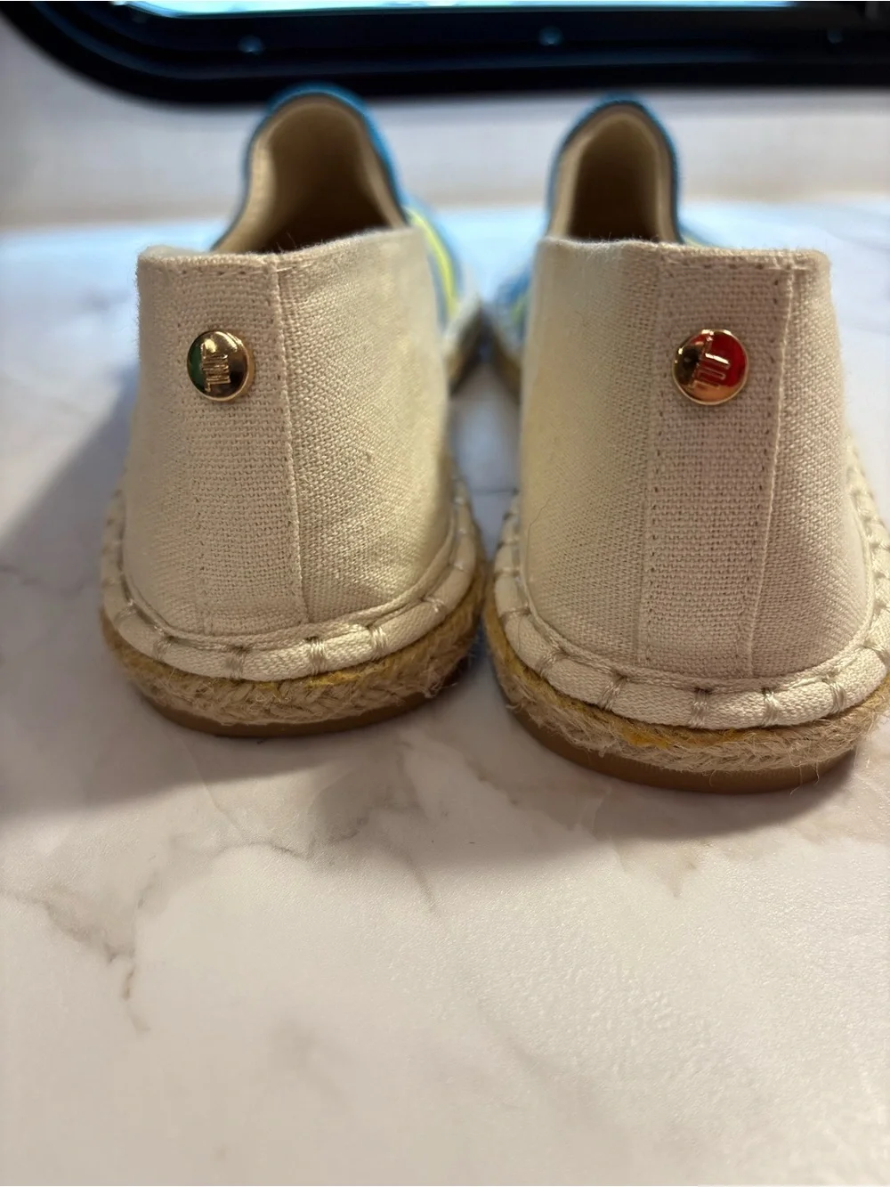 London Fog Cream Espadrille Slip-Ons with Blue and Yellow Stripes
